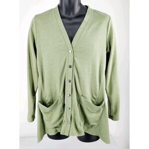 LOGO By Lori Goldstein Snap Slouch Cardigan Sage Green Pockets French Terry S